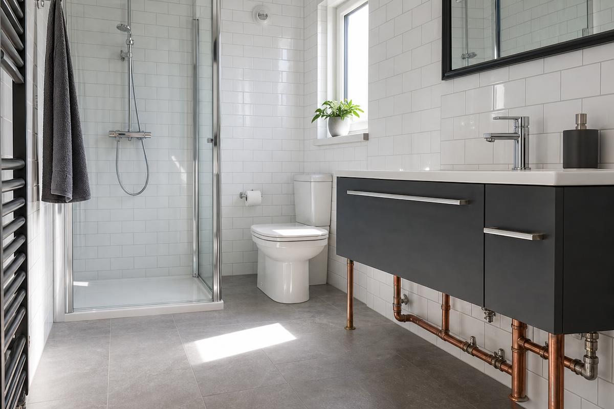 Baño renovado con cerámica blanca subway y tuberías de cobre a la vista