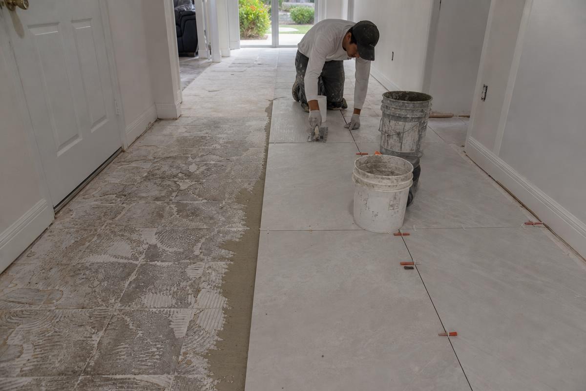 Trabajador reemplazando cerámica antigua por porcelanato de gran formato